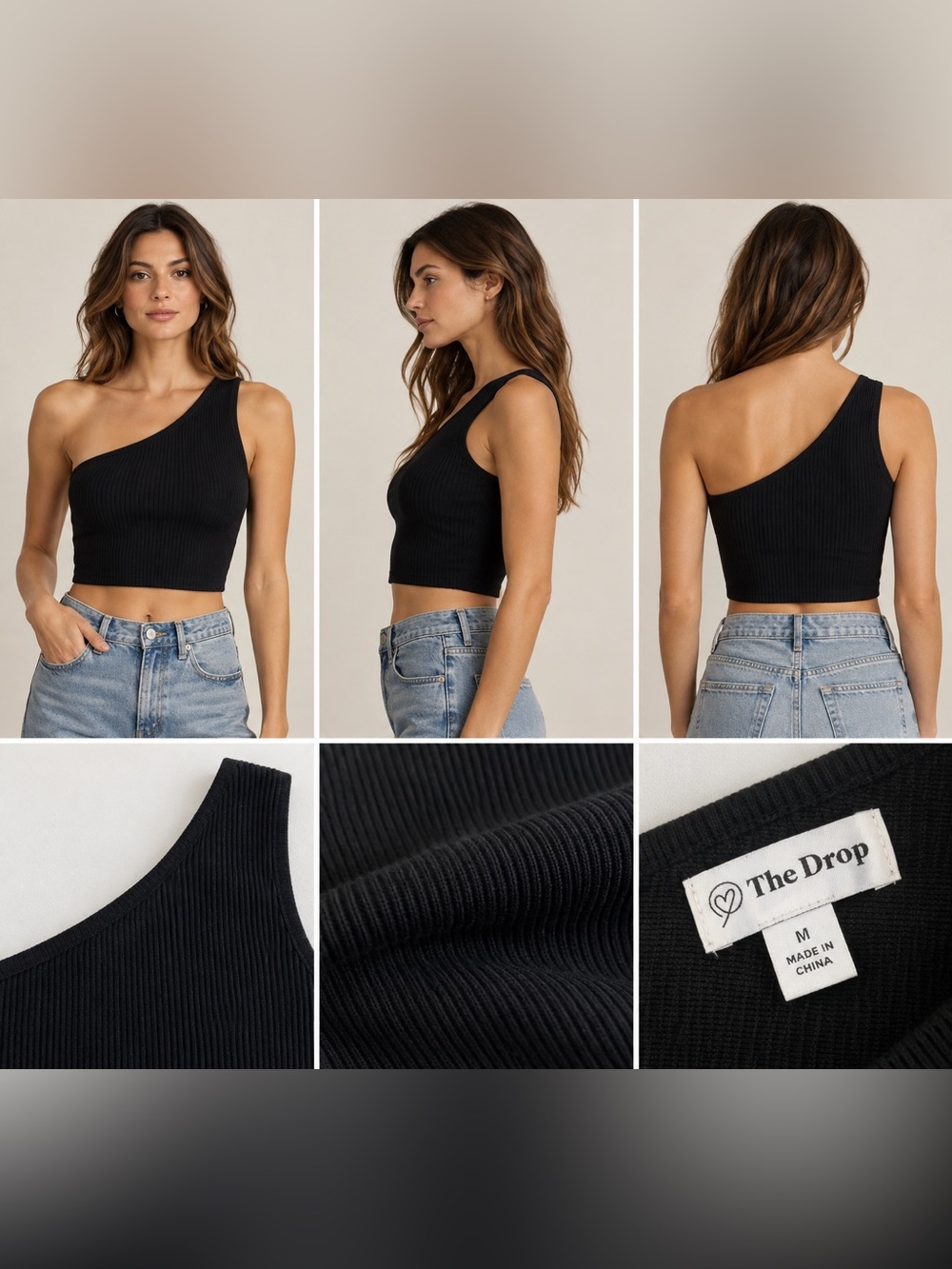 The Drop Black Ribbed One Shoulder Crop Top Size Medium